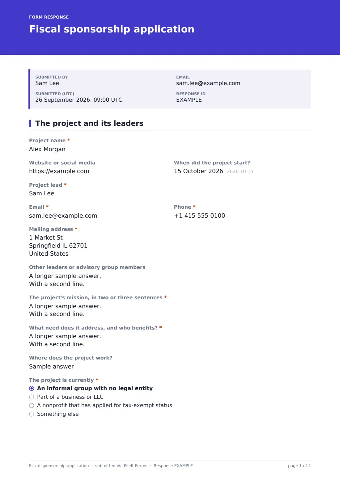 Fiscal sponsorship application — example response PDF, page 1 of 4