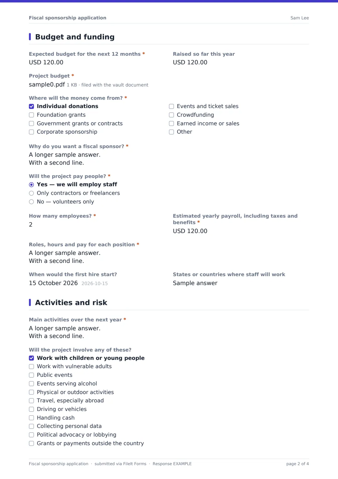 Fiscal sponsorship application — example response PDF, page 2 of 4