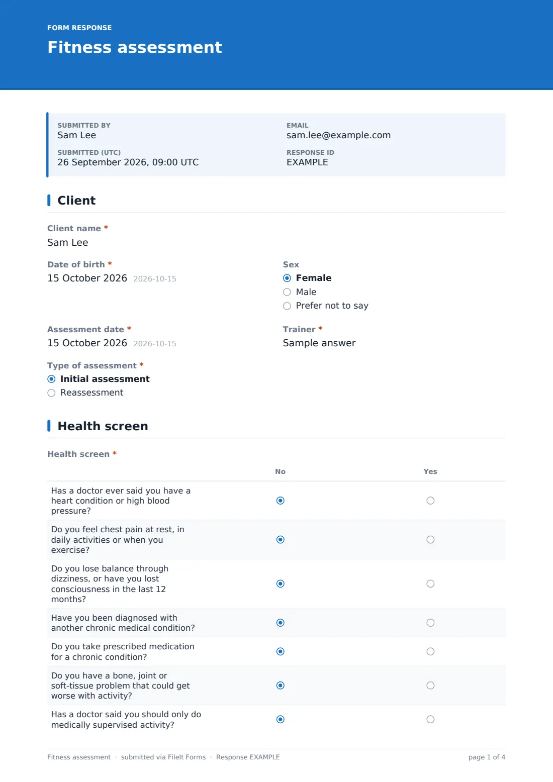 Fitness assessment — example response PDF, page 1 of 4