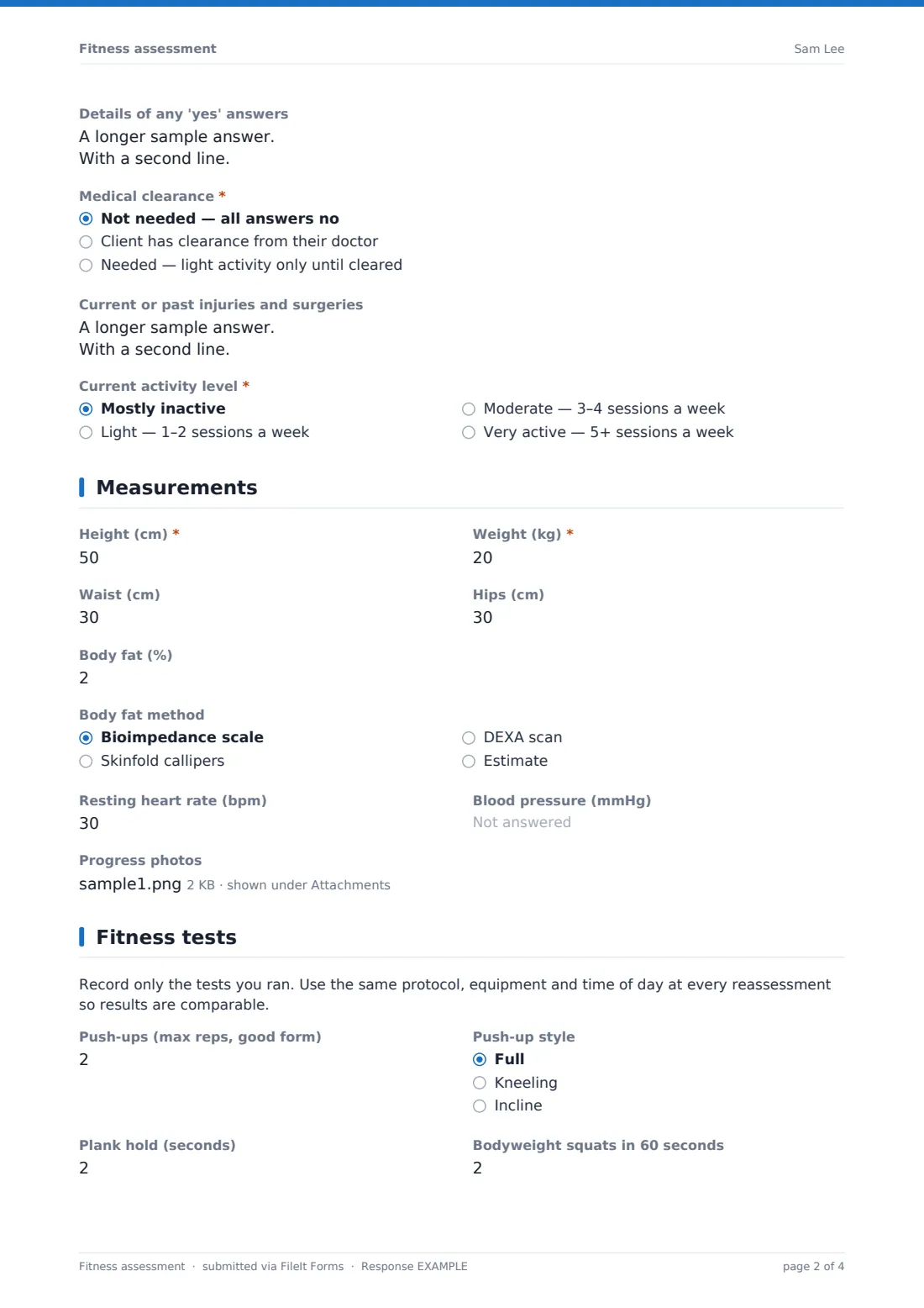 Fitness assessment — example response PDF, page 2 of 4