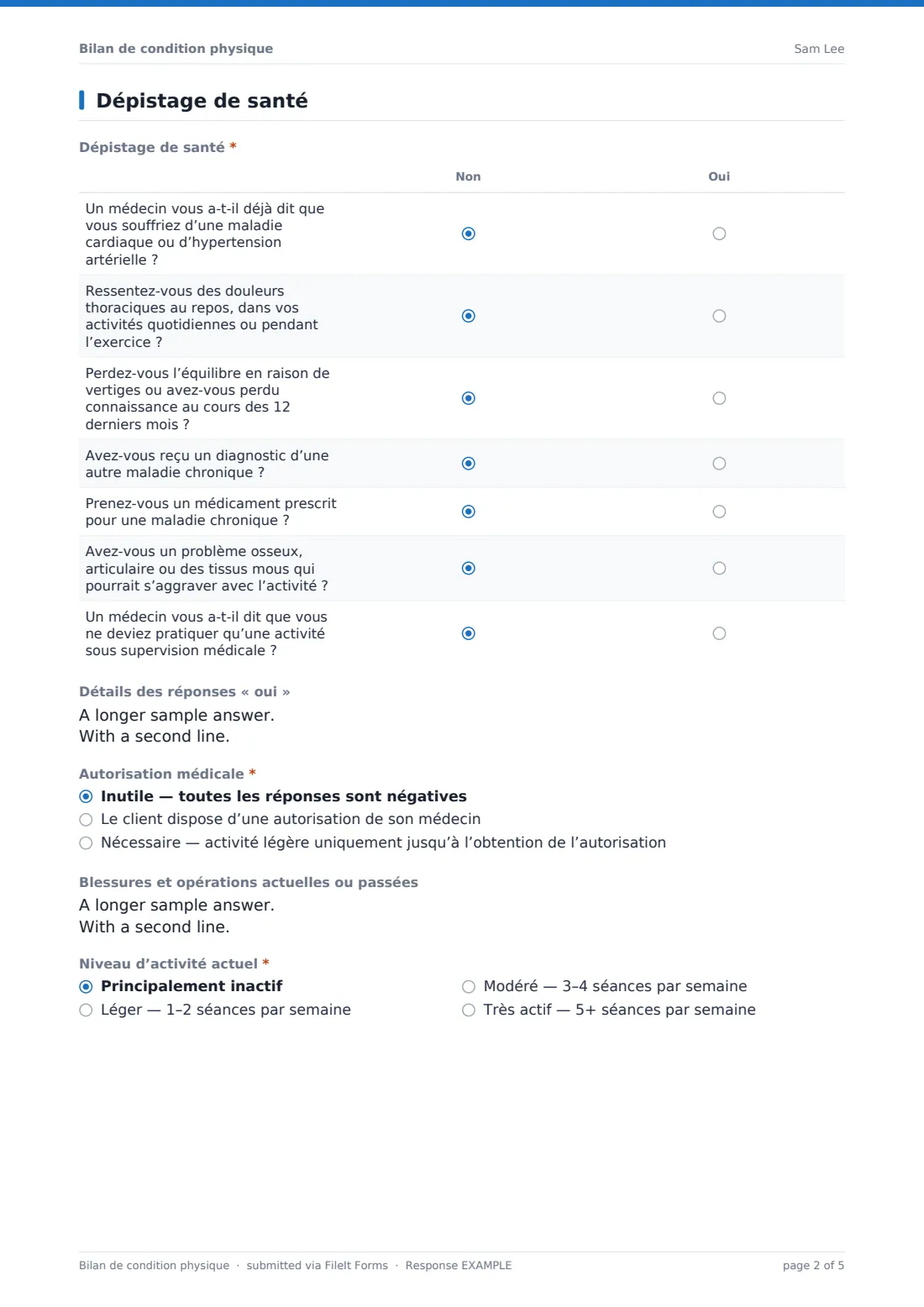 Bilan de condition physique — exemple de réponse au format PDF, page 2 sur 5