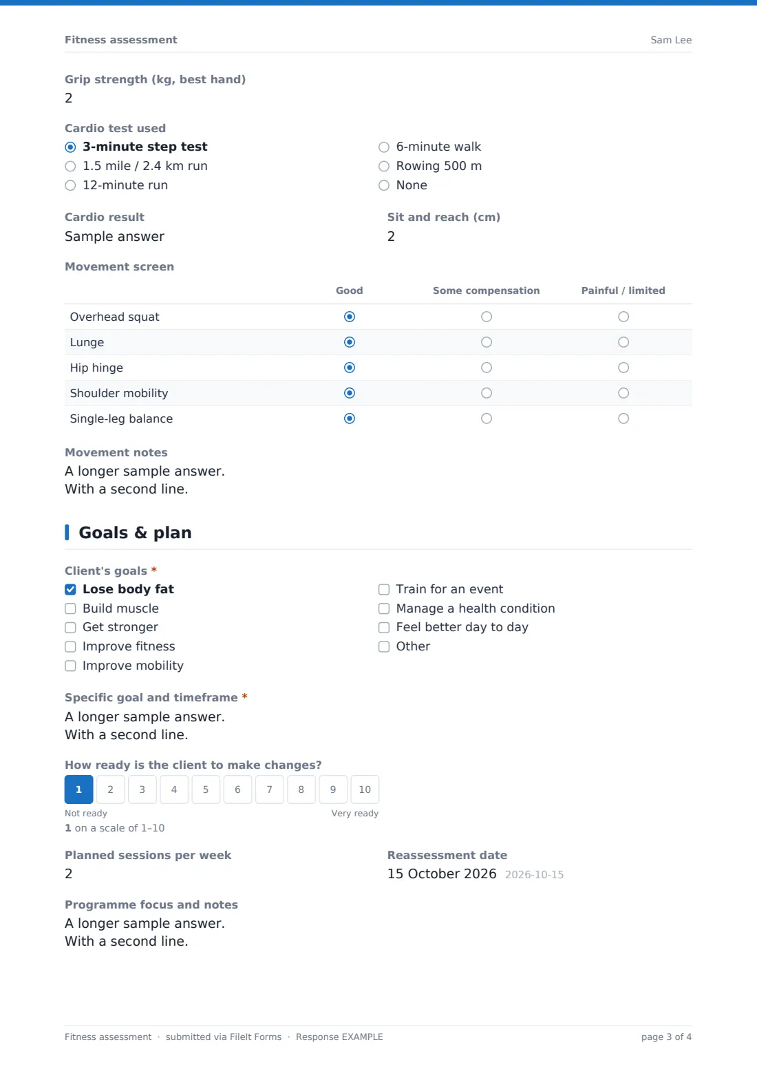 Fitness assessment — example response PDF, page 3 of 4