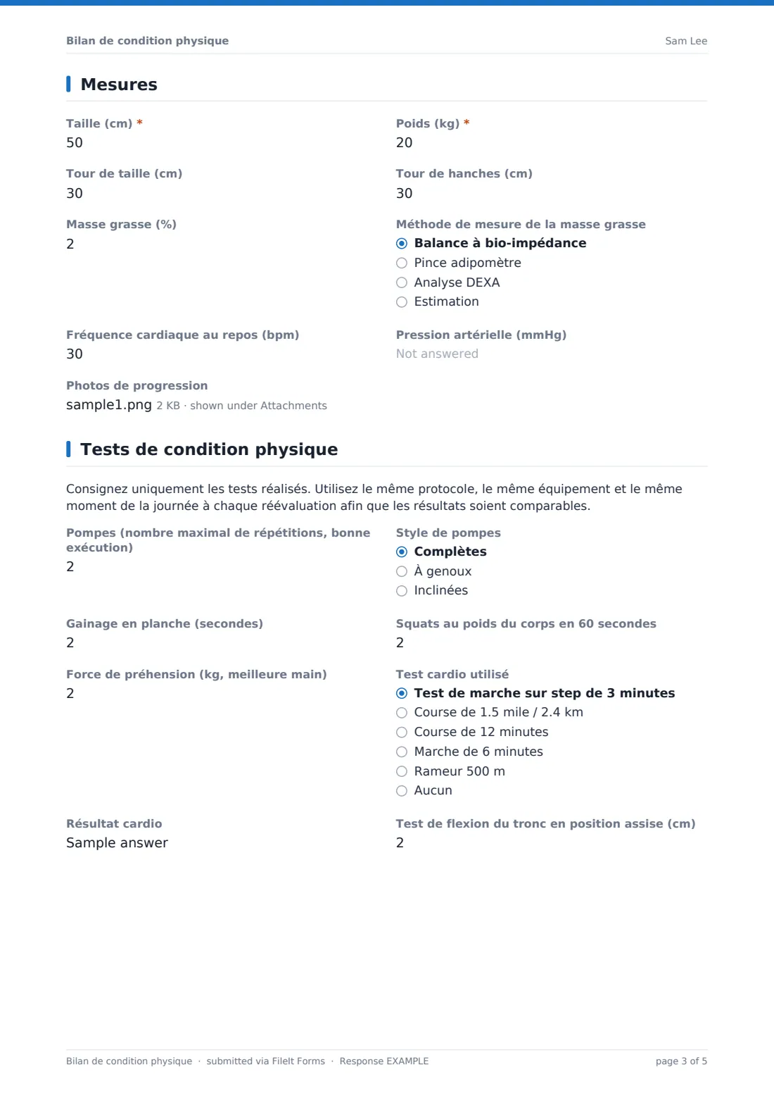 Bilan de condition physique — exemple de réponse au format PDF, page 3 sur 5