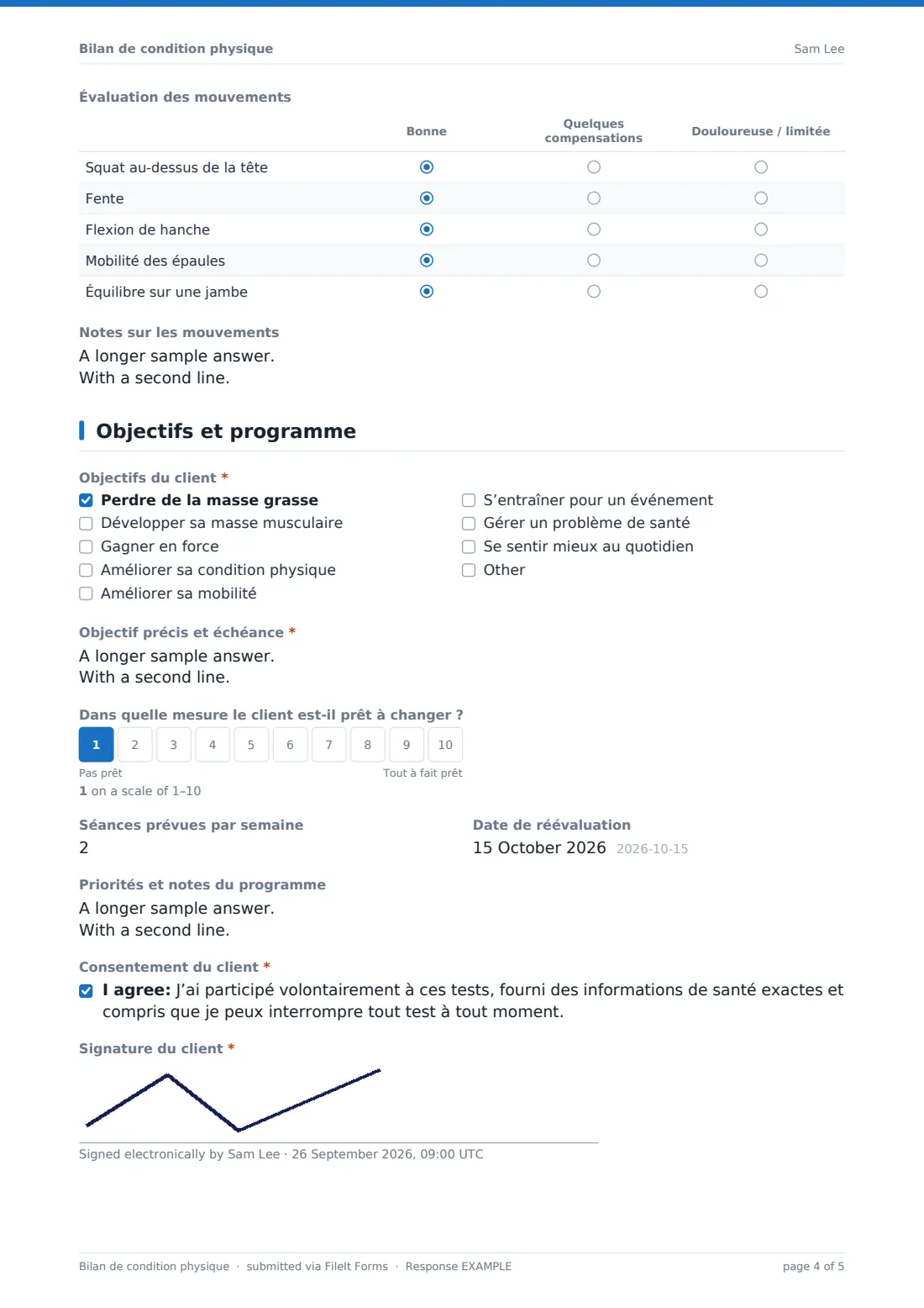 Bilan de condition physique — exemple de réponse au format PDF, page 4 sur 5