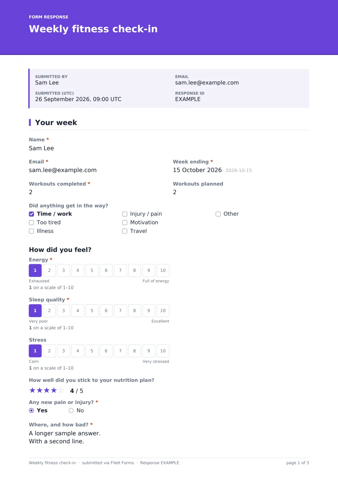 Weekly fitness check-in — example response PDF, page 1 of 3