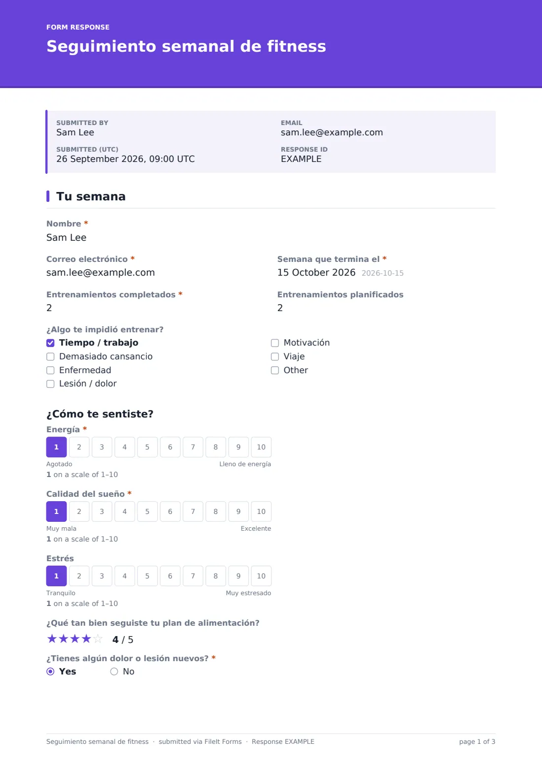 Seguimiento semanal de fitness — PDF de respuesta de ejemplo, página 1 de 3