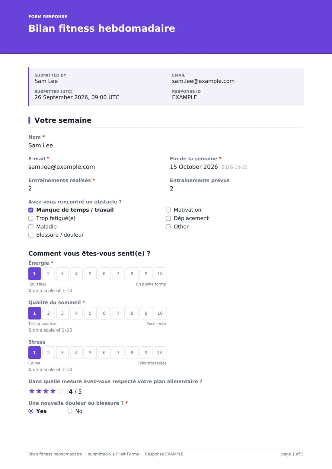 Bilan fitness hebdomadaire — exemple de réponse au format PDF, page 1 sur 3
