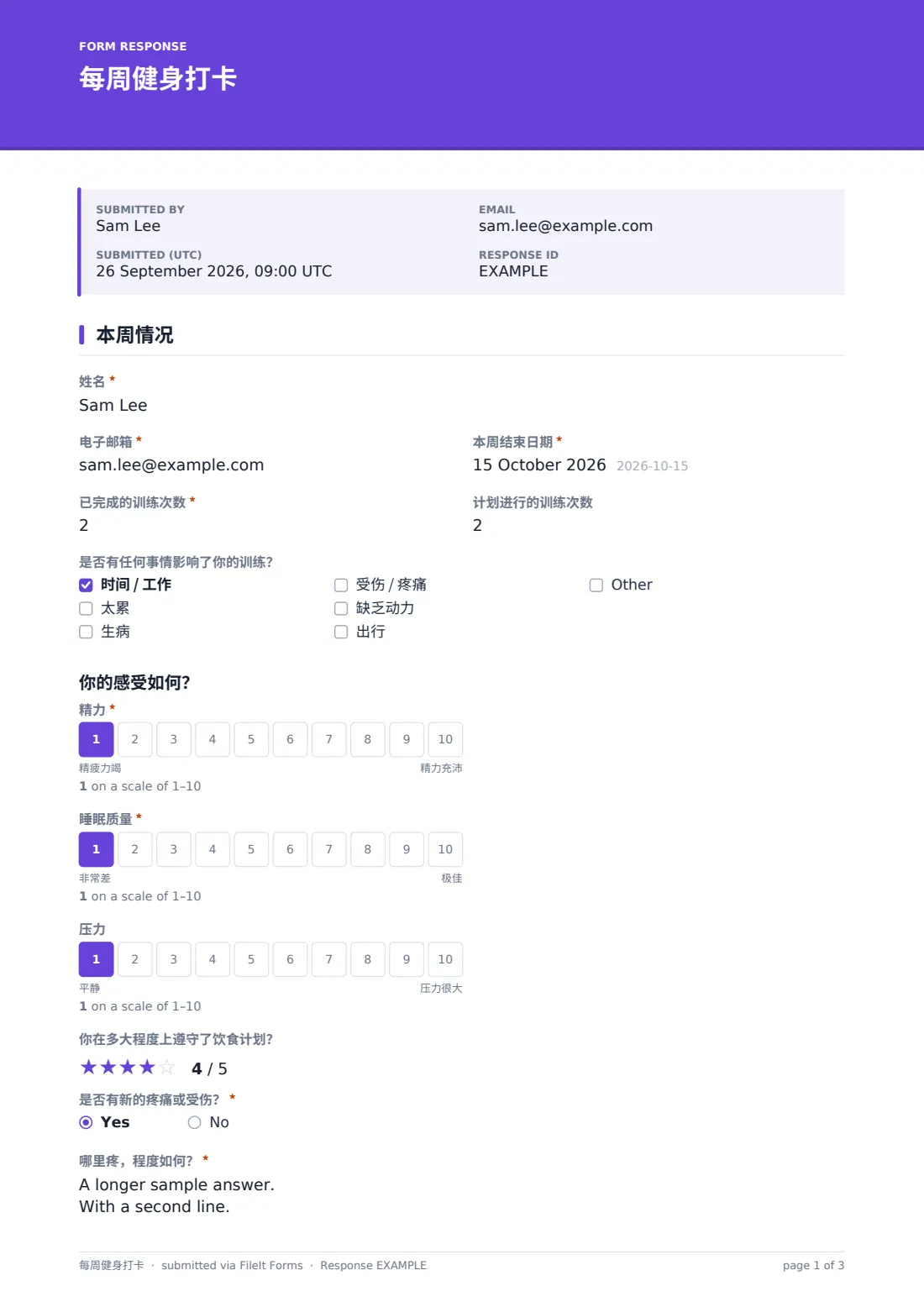 每周健身打卡 — 示例回复 PDF，第 1 页，共 3 页