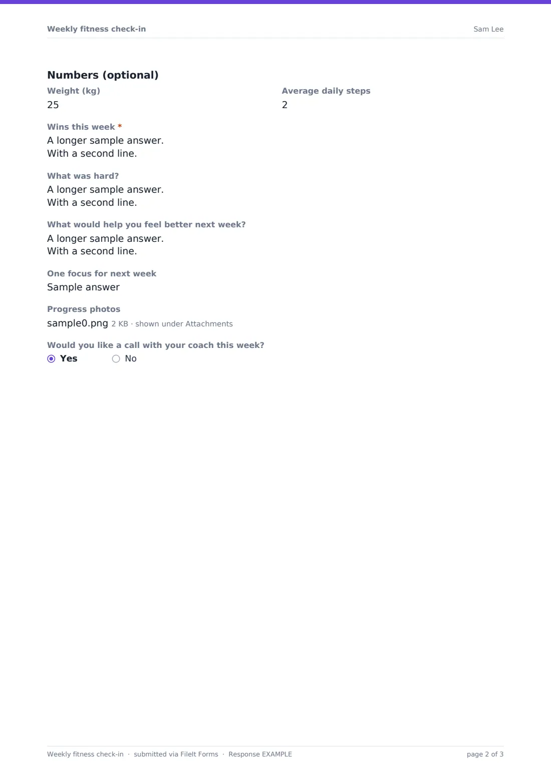 Weekly fitness check-in — example response PDF, page 2 of 3