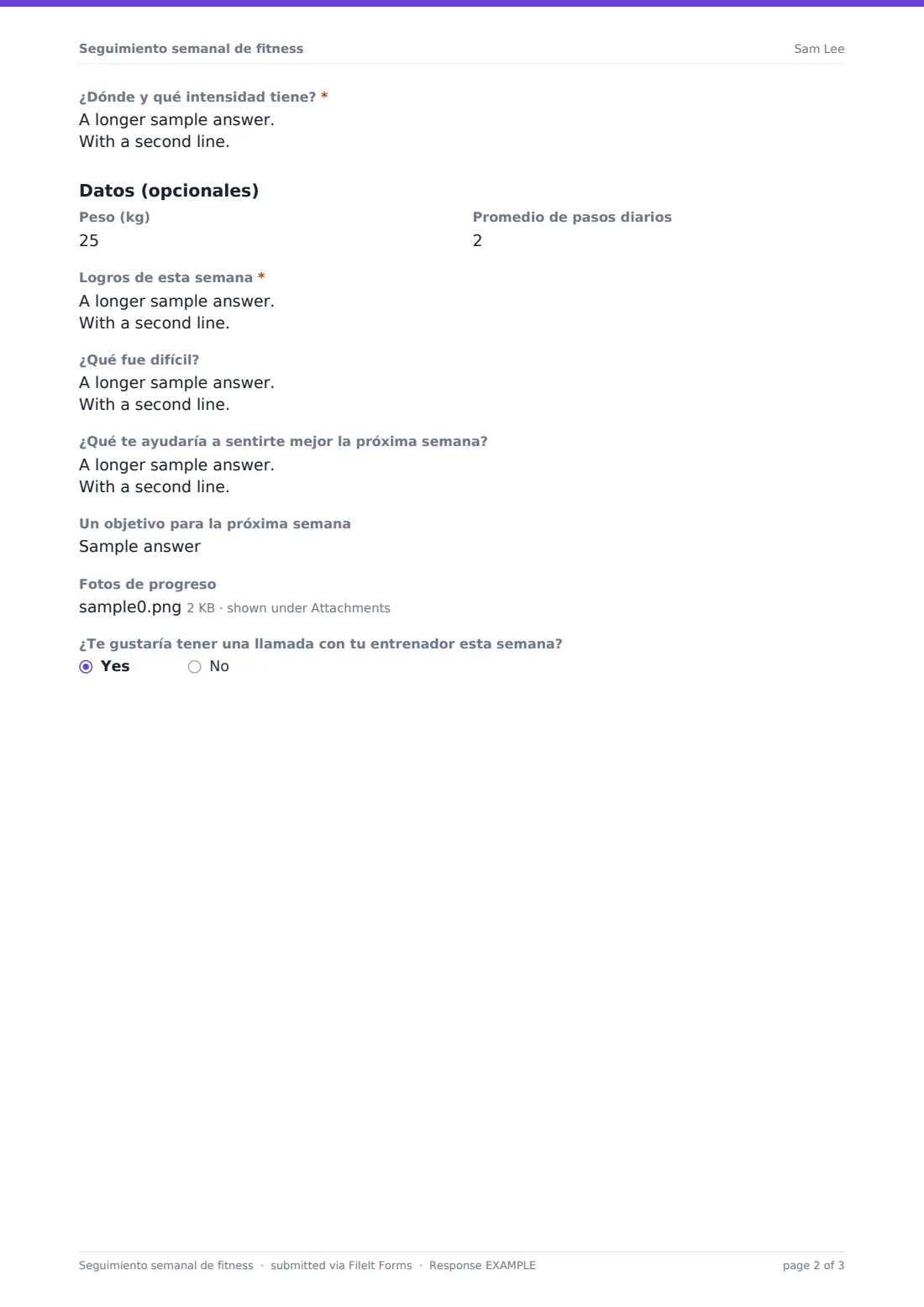 Seguimiento semanal de fitness — PDF de respuesta de ejemplo, página 2 de 3