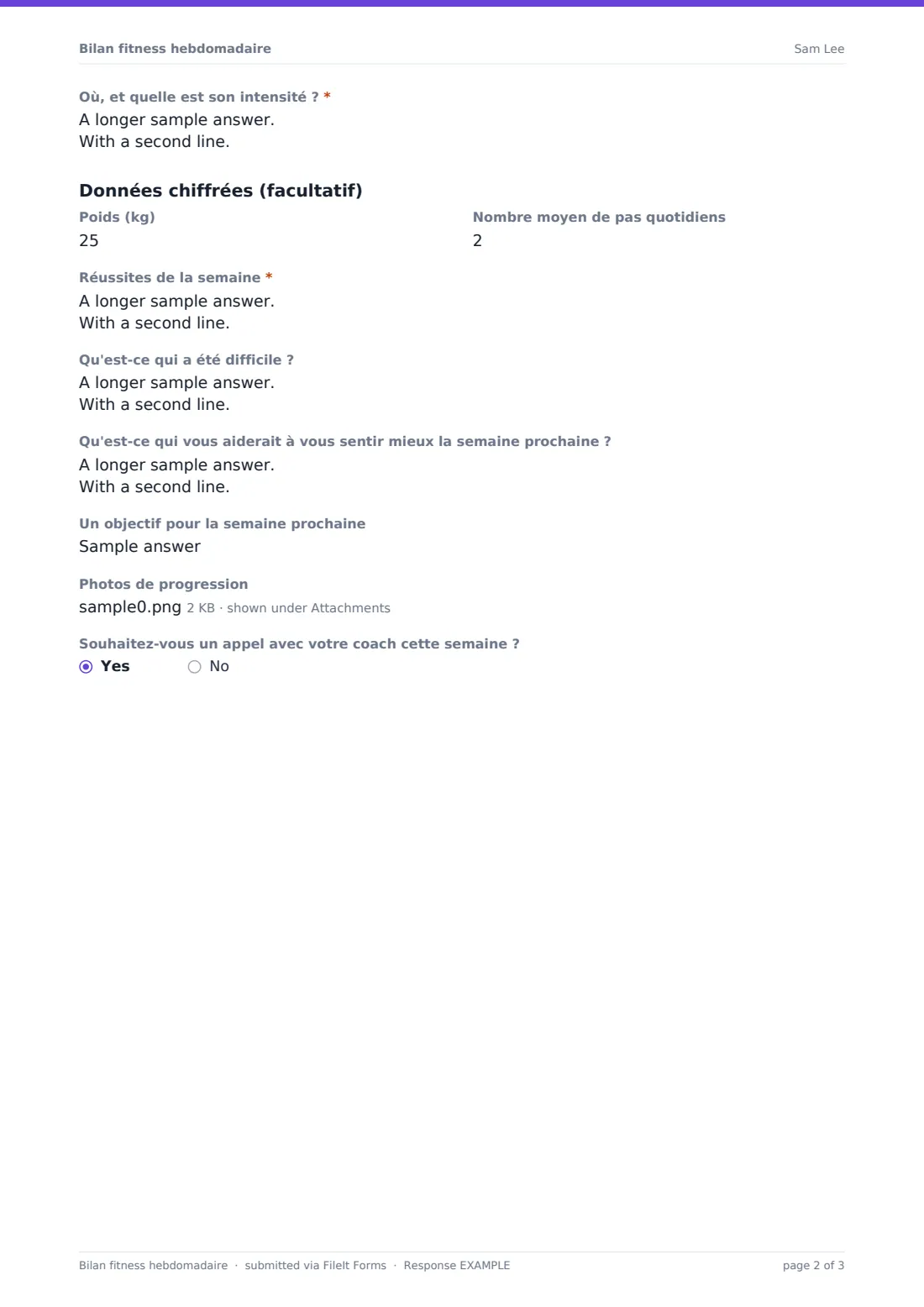 Bilan fitness hebdomadaire — exemple de réponse au format PDF, page 2 sur 3