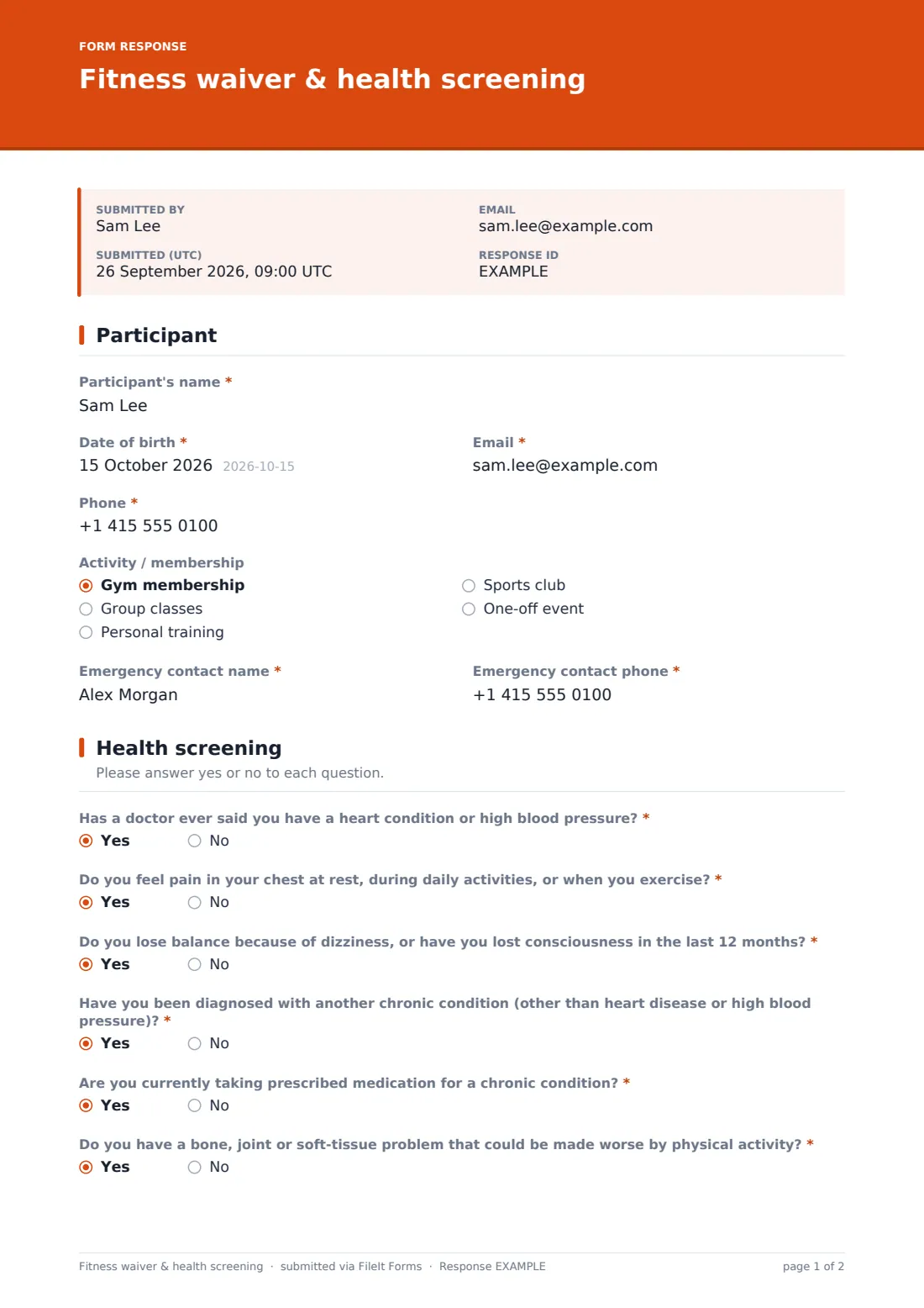 Fitness waiver & health screening — example response PDF, page 1 of 2