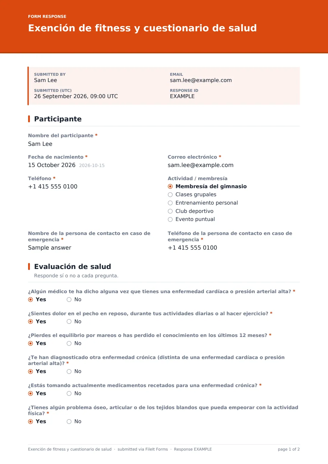 Exención de fitness y cuestionario de salud — PDF de respuesta de ejemplo, página 1 de 2