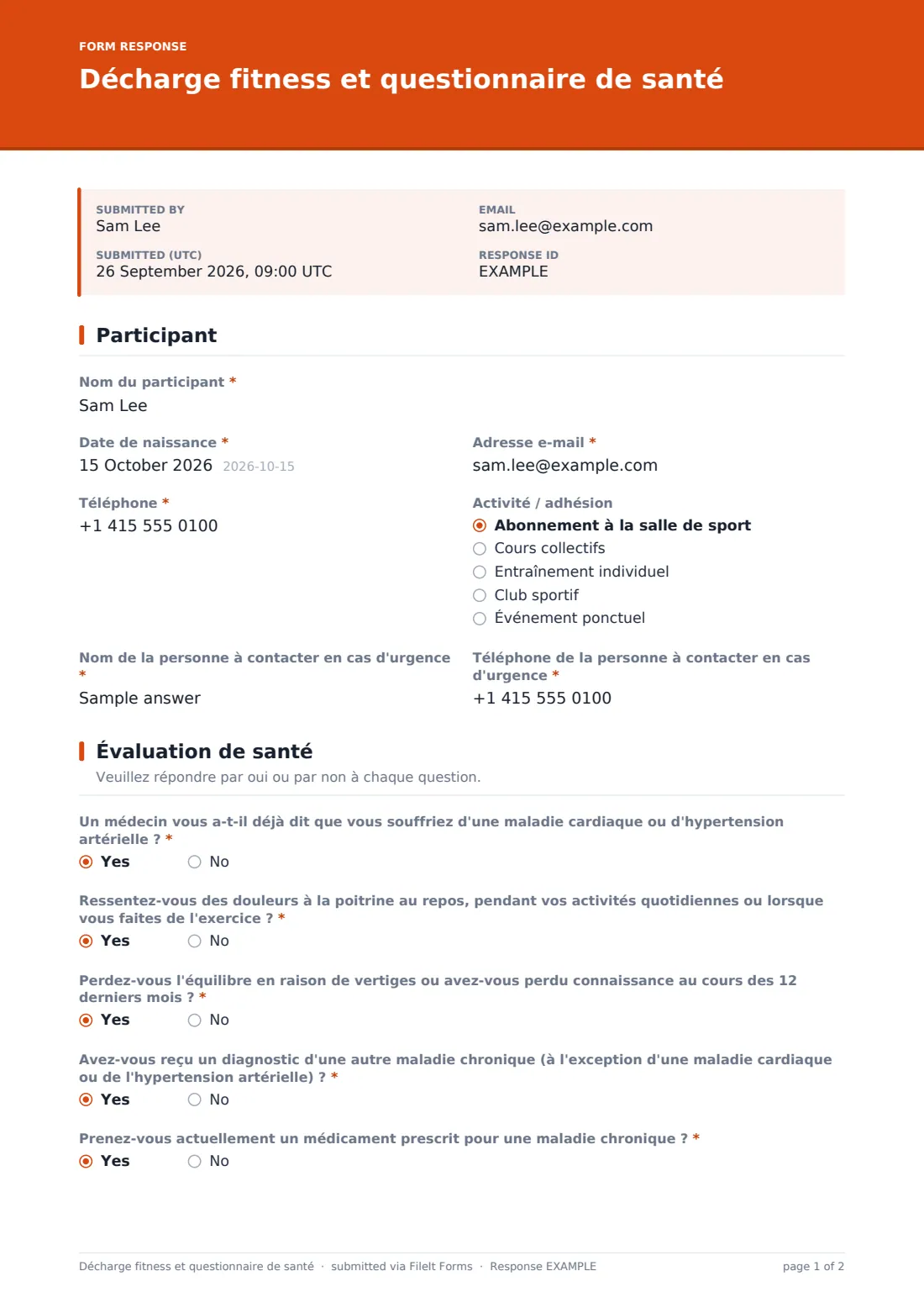 Décharge fitness et questionnaire de santé — exemple de réponse au format PDF, page 1 sur 2