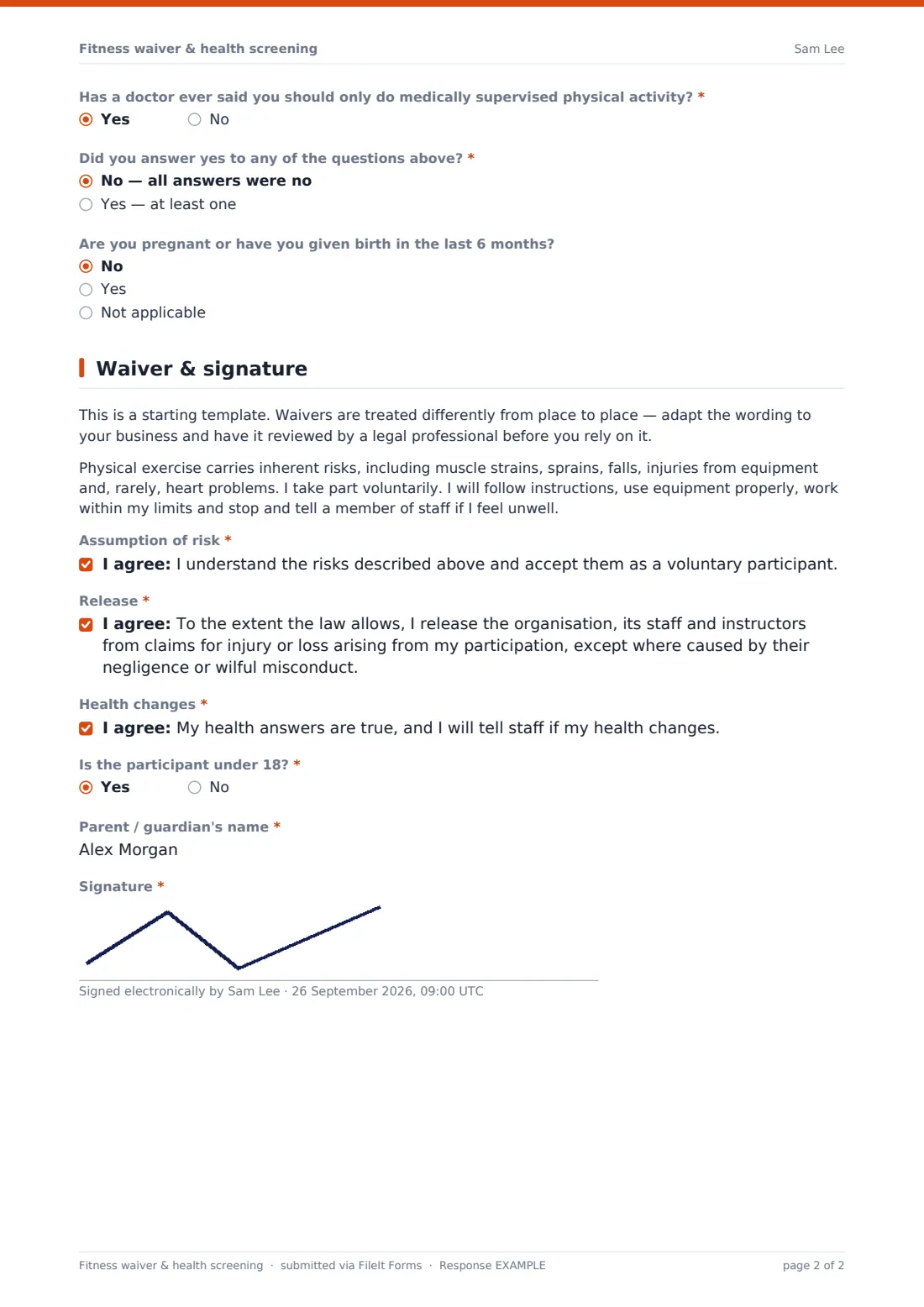 Fitness waiver & health screening — example response PDF, page 2 of 2