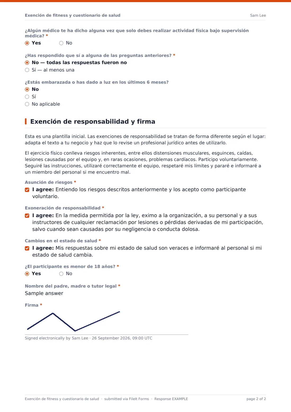 Exención de fitness y cuestionario de salud — PDF de respuesta de ejemplo, página 2 de 2