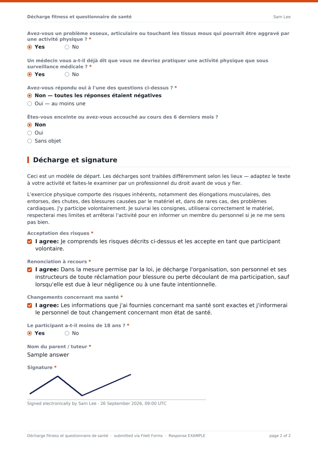 Décharge fitness et questionnaire de santé — exemple de réponse au format PDF, page 2 sur 2