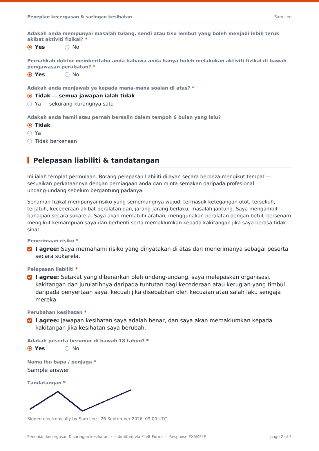 Penepian kecergasan & saringan kesihatan — PDF respons contoh, halaman 2 daripada 3