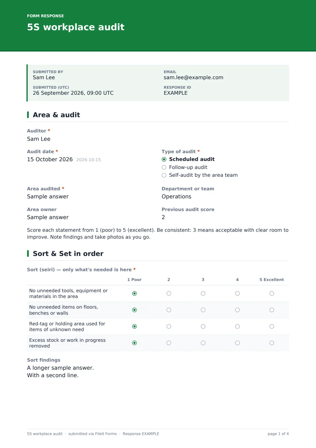 5S workplace audit — example response PDF, page 1 of 4