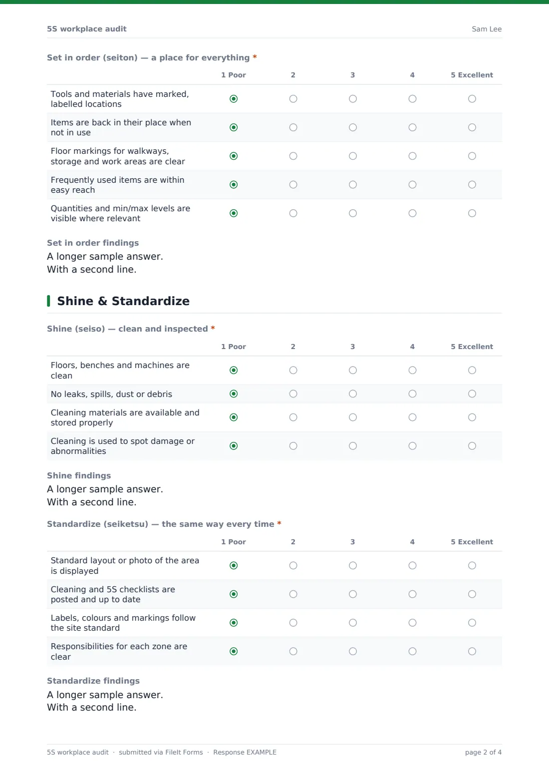 5S workplace audit — example response PDF, page 2 of 4