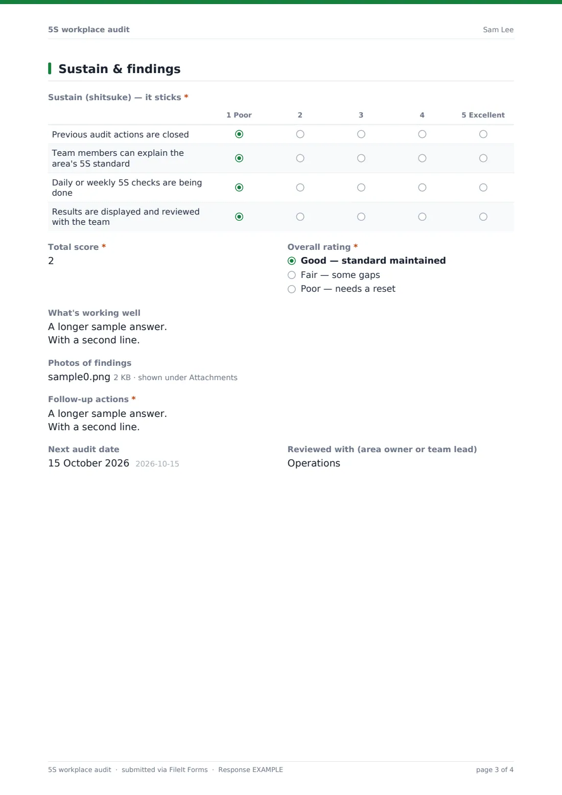 5S workplace audit — example response PDF, page 3 of 4