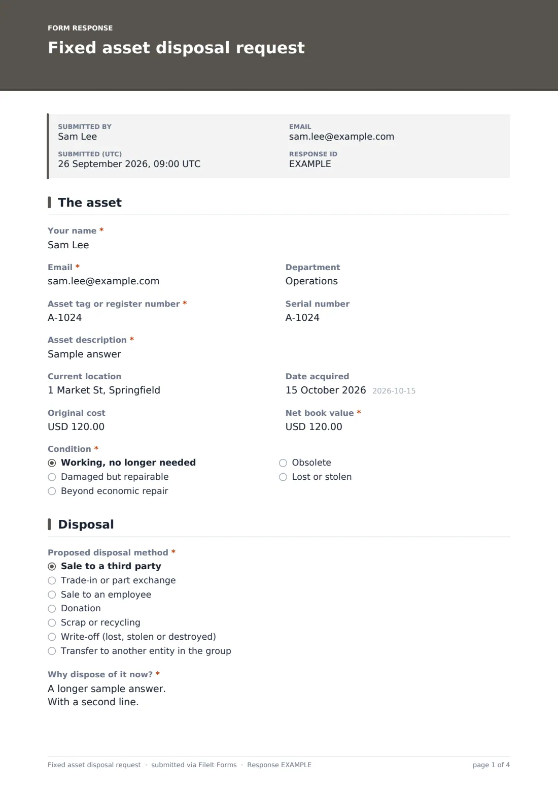 Fixed asset disposal request — example response PDF, page 1 of 4