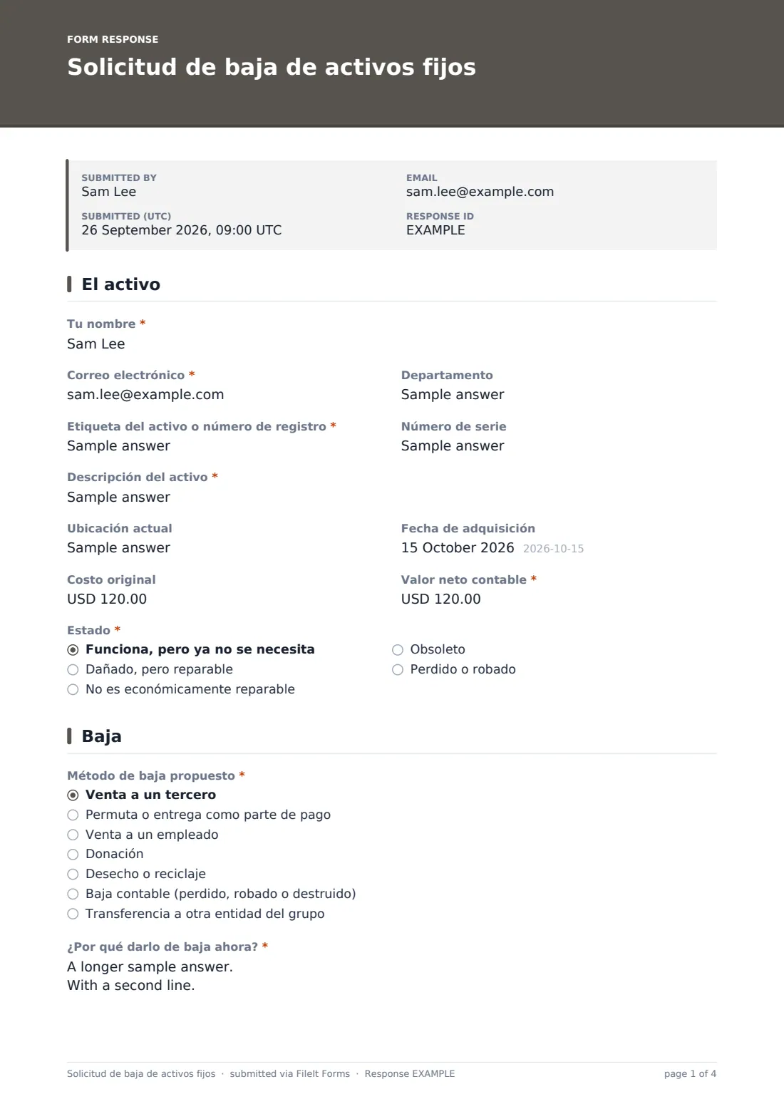 Solicitud de baja de activos fijos — PDF de respuesta de ejemplo, página 1 de 4