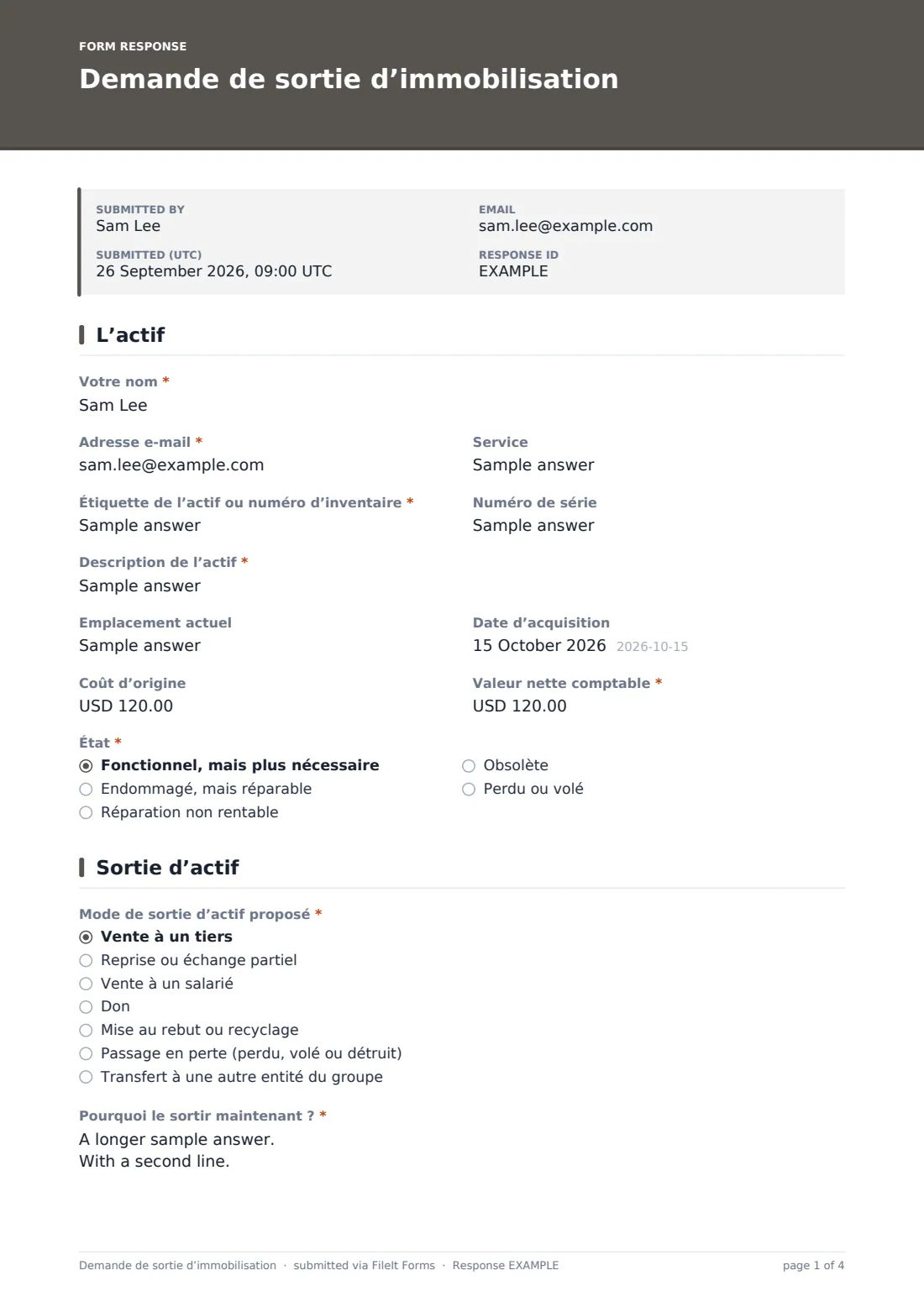 Demande de sortie d’immobilisation — exemple de réponse au format PDF, page 1 sur 4