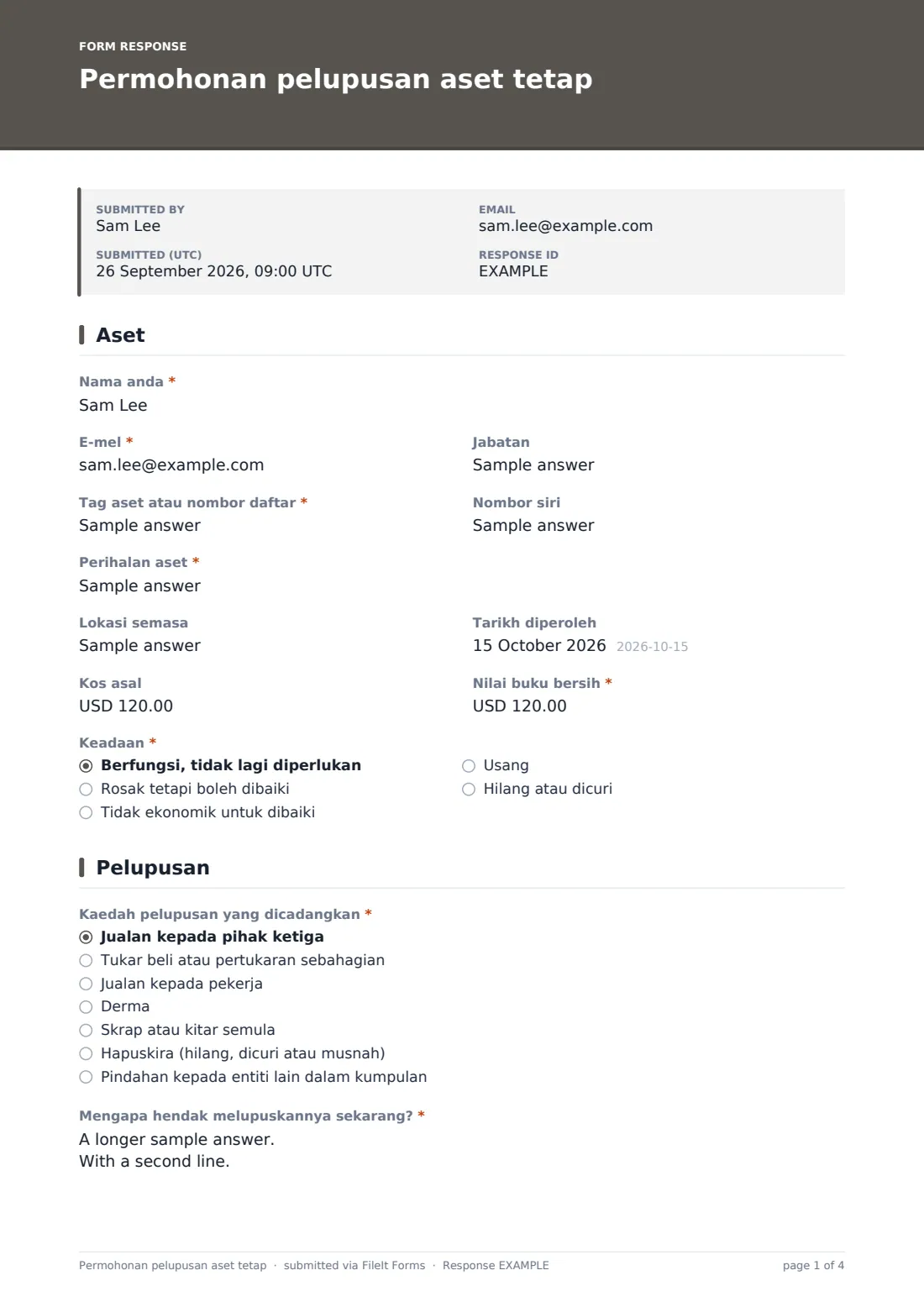 Permohonan pelupusan aset tetap — PDF respons contoh, halaman 1 daripada 4