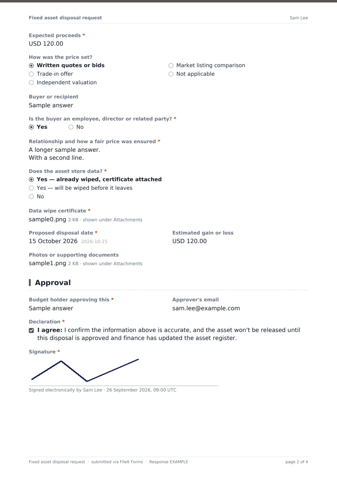 Fixed asset disposal request — example response PDF, page 2 of 4