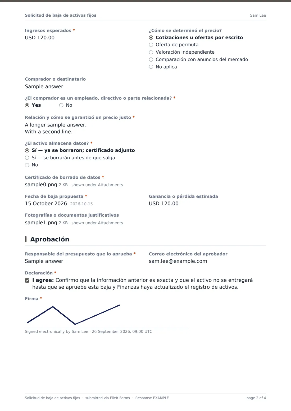 Solicitud de baja de activos fijos — PDF de respuesta de ejemplo, página 2 de 4