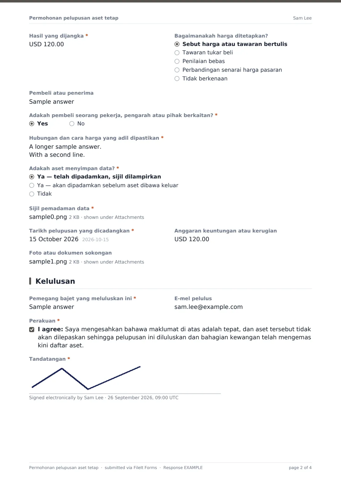 Permohonan pelupusan aset tetap — PDF respons contoh, halaman 2 daripada 4