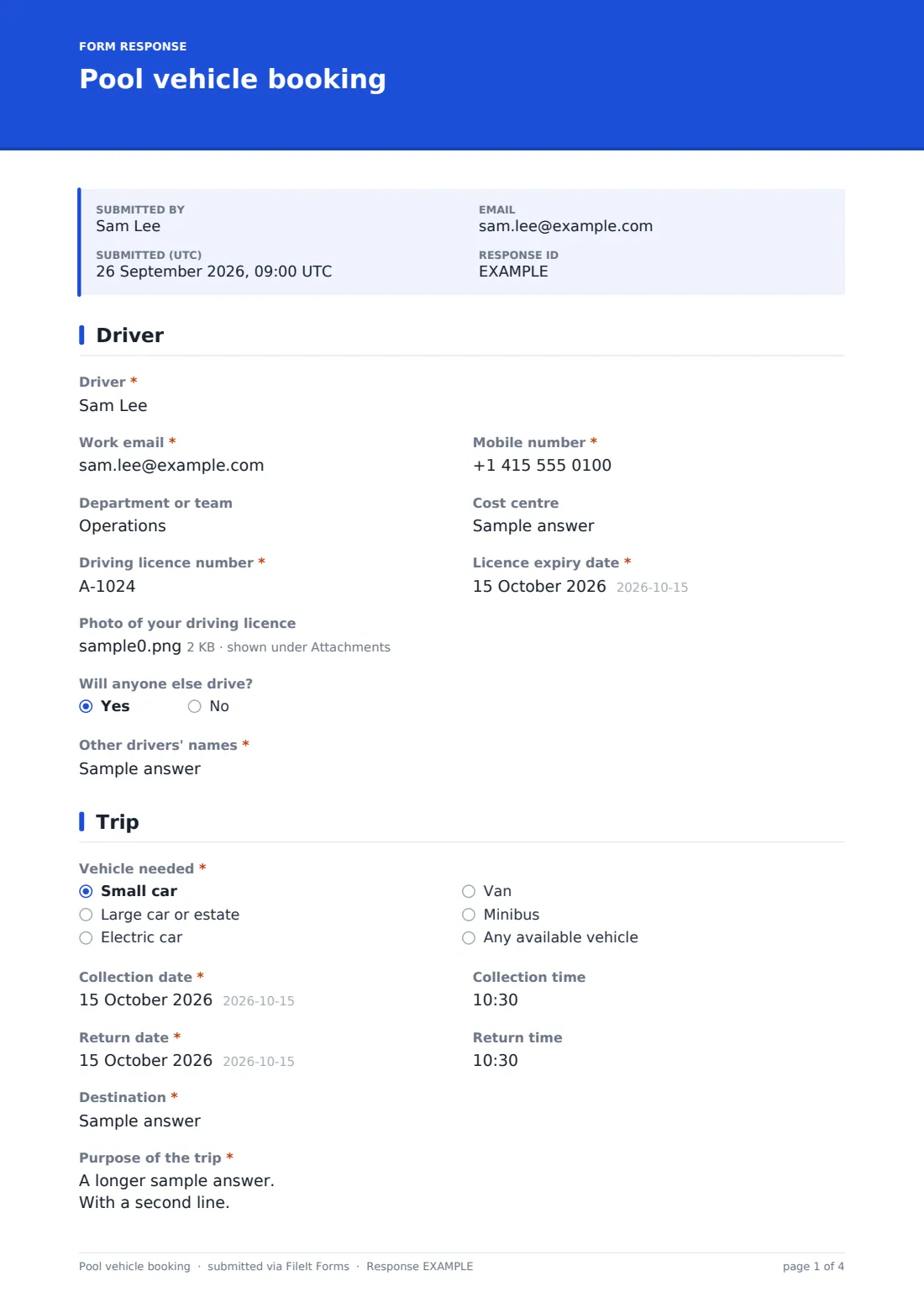Pool vehicle booking — example response PDF, page 1 of 4