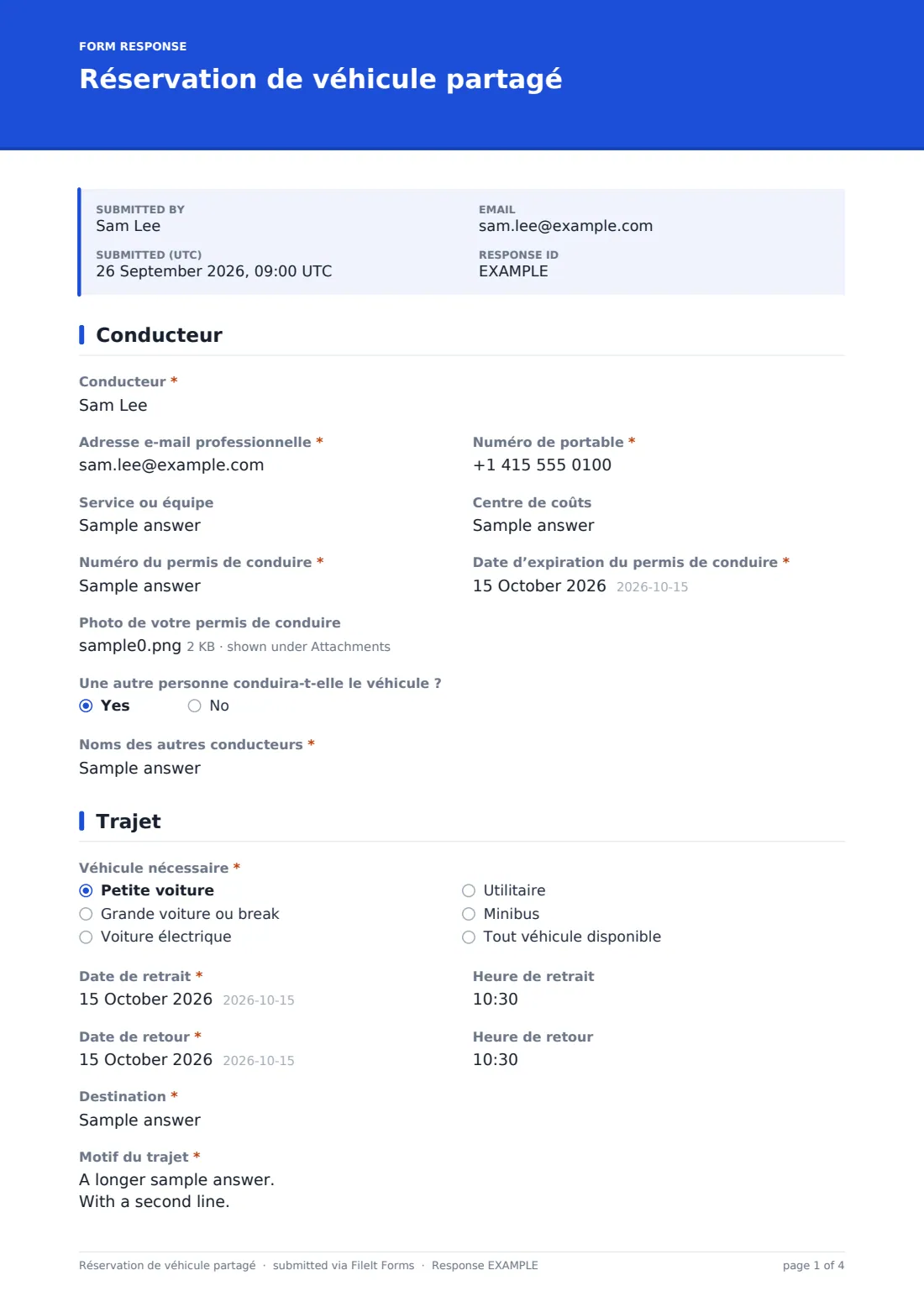 Réservation de véhicule partagé — exemple de réponse au format PDF, page 1 sur 4