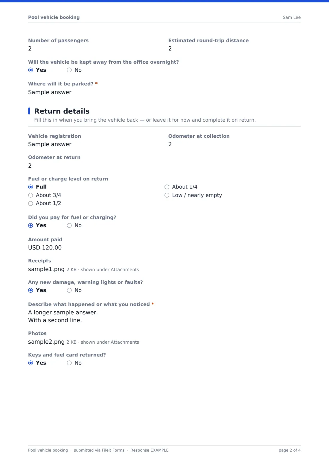 Pool vehicle booking — example response PDF, page 2 of 4
