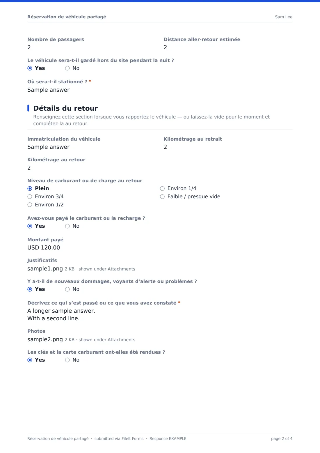 Réservation de véhicule partagé — exemple de réponse au format PDF, page 2 sur 4