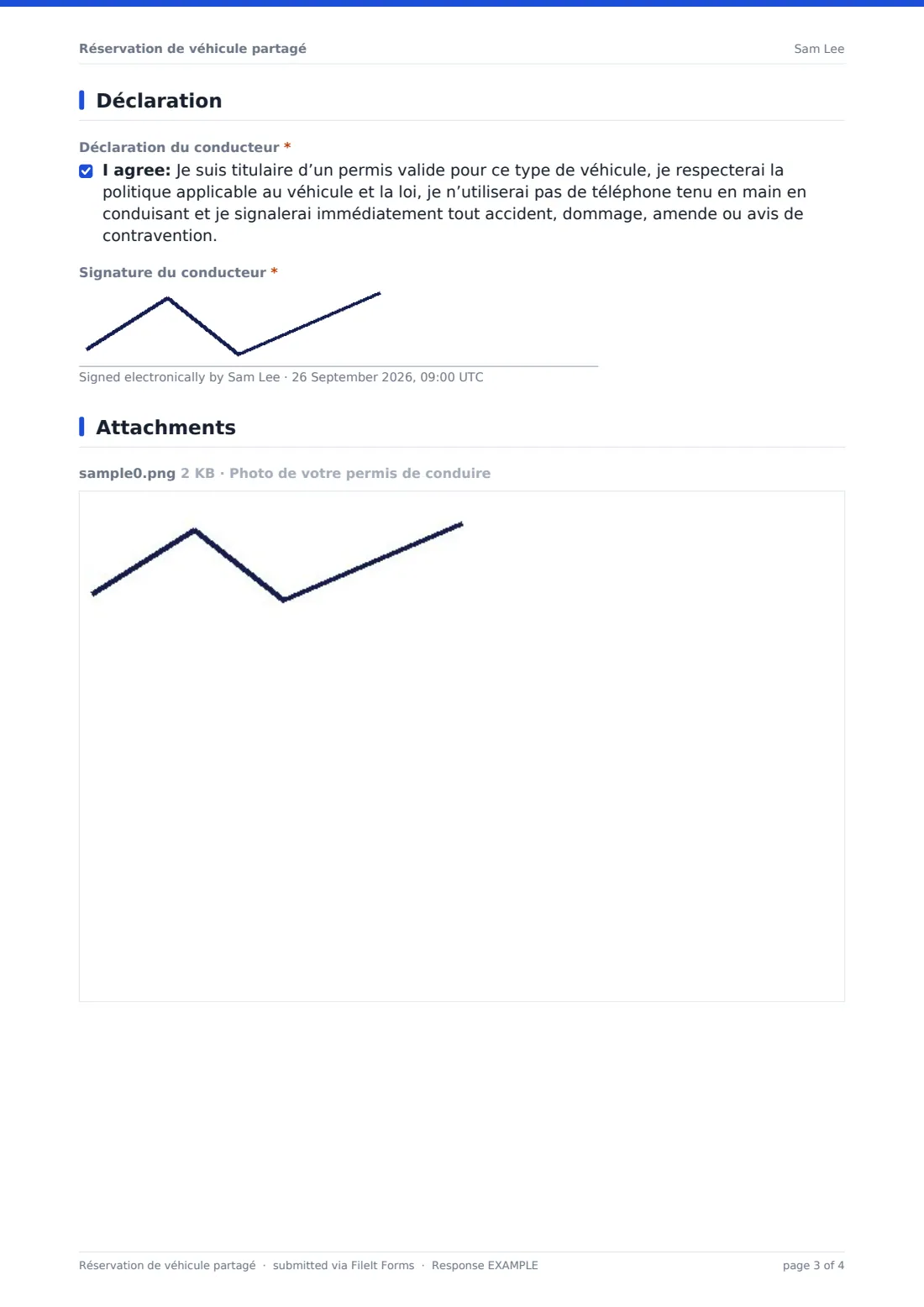 Réservation de véhicule partagé — exemple de réponse au format PDF, page 3 sur 4