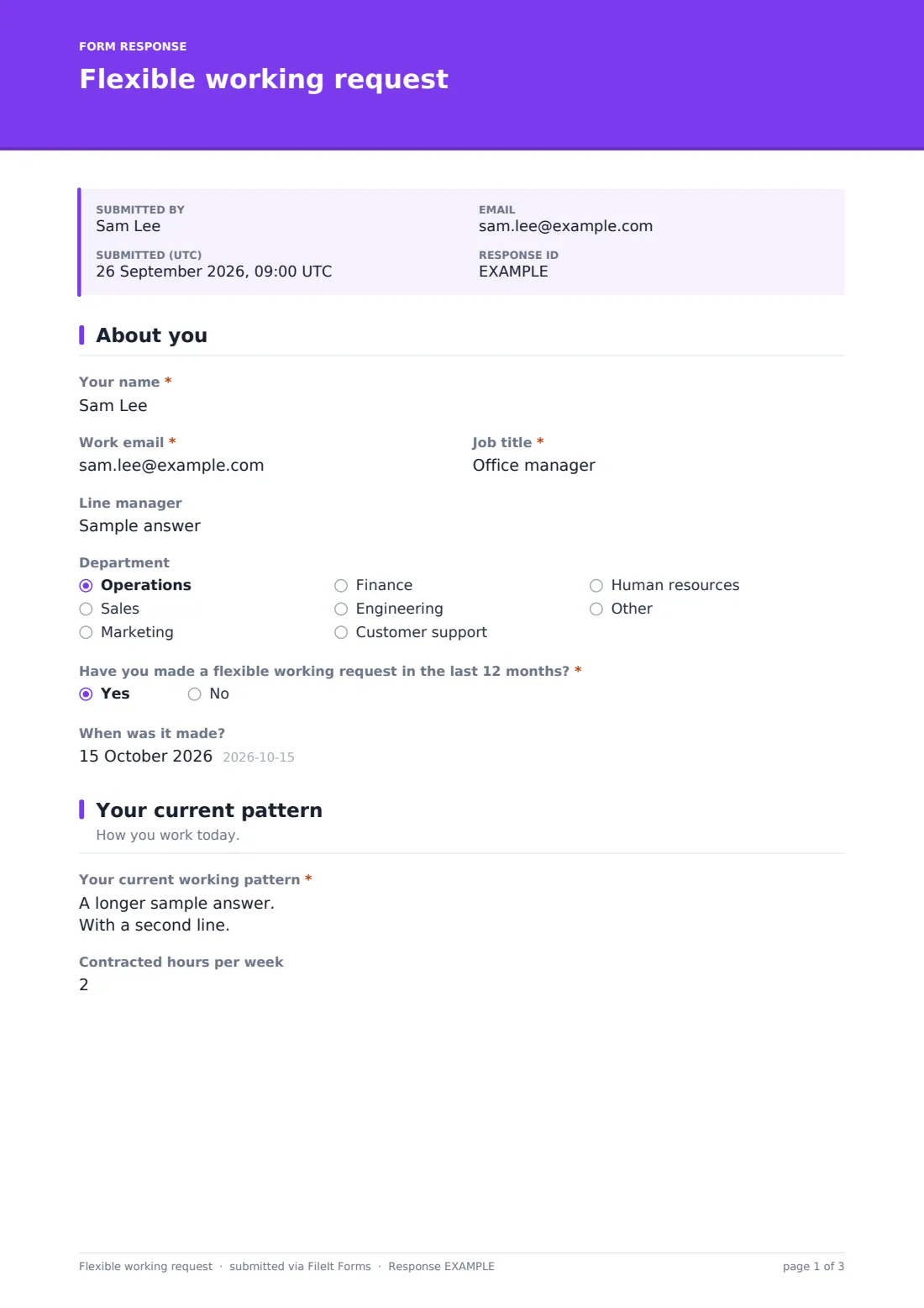 Flexible working request — example response PDF, page 1 of 3