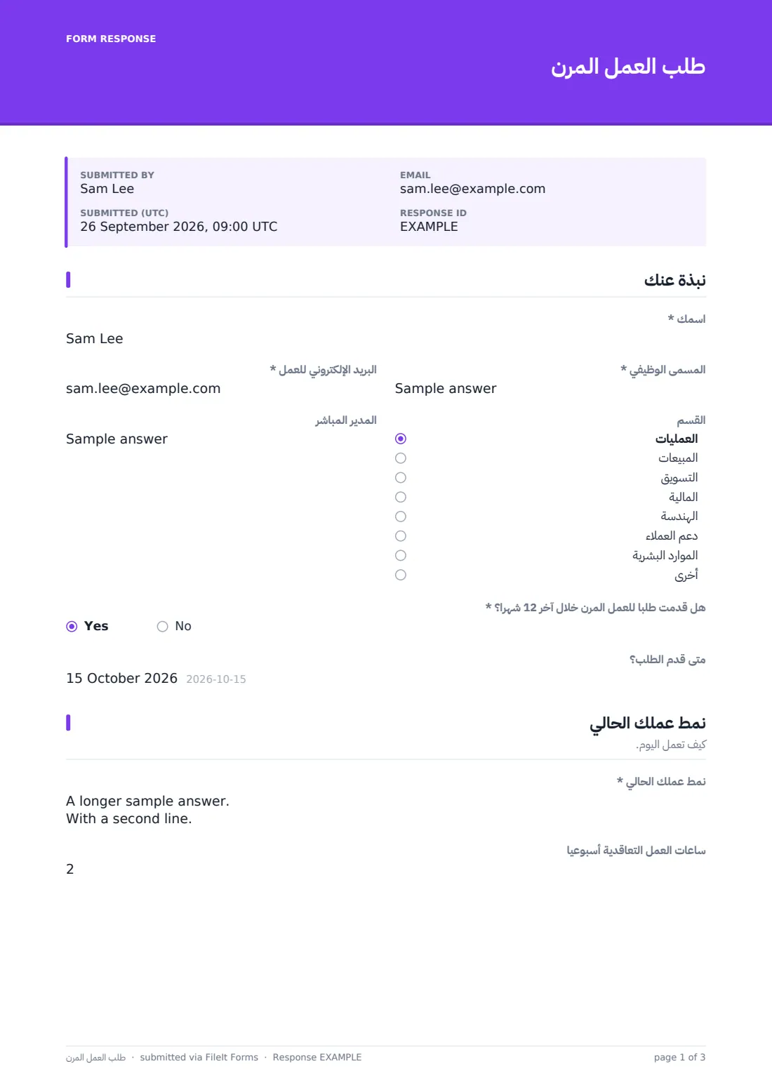 طلب العمل المرن — ملف PDF لرد نموذجي، الصفحة 1 من 3