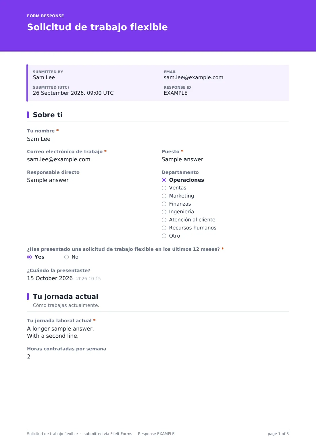 Solicitud de trabajo flexible — PDF de respuesta de ejemplo, página 1 de 3