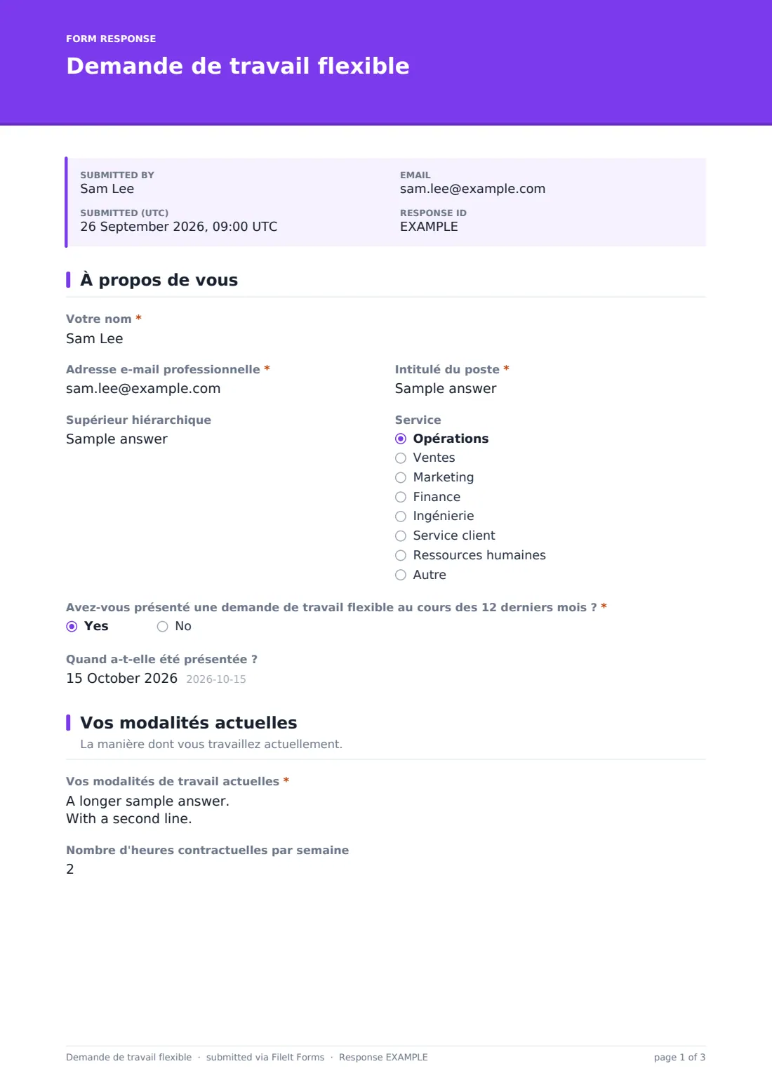 Demande de travail flexible — exemple de réponse au format PDF, page 1 sur 3