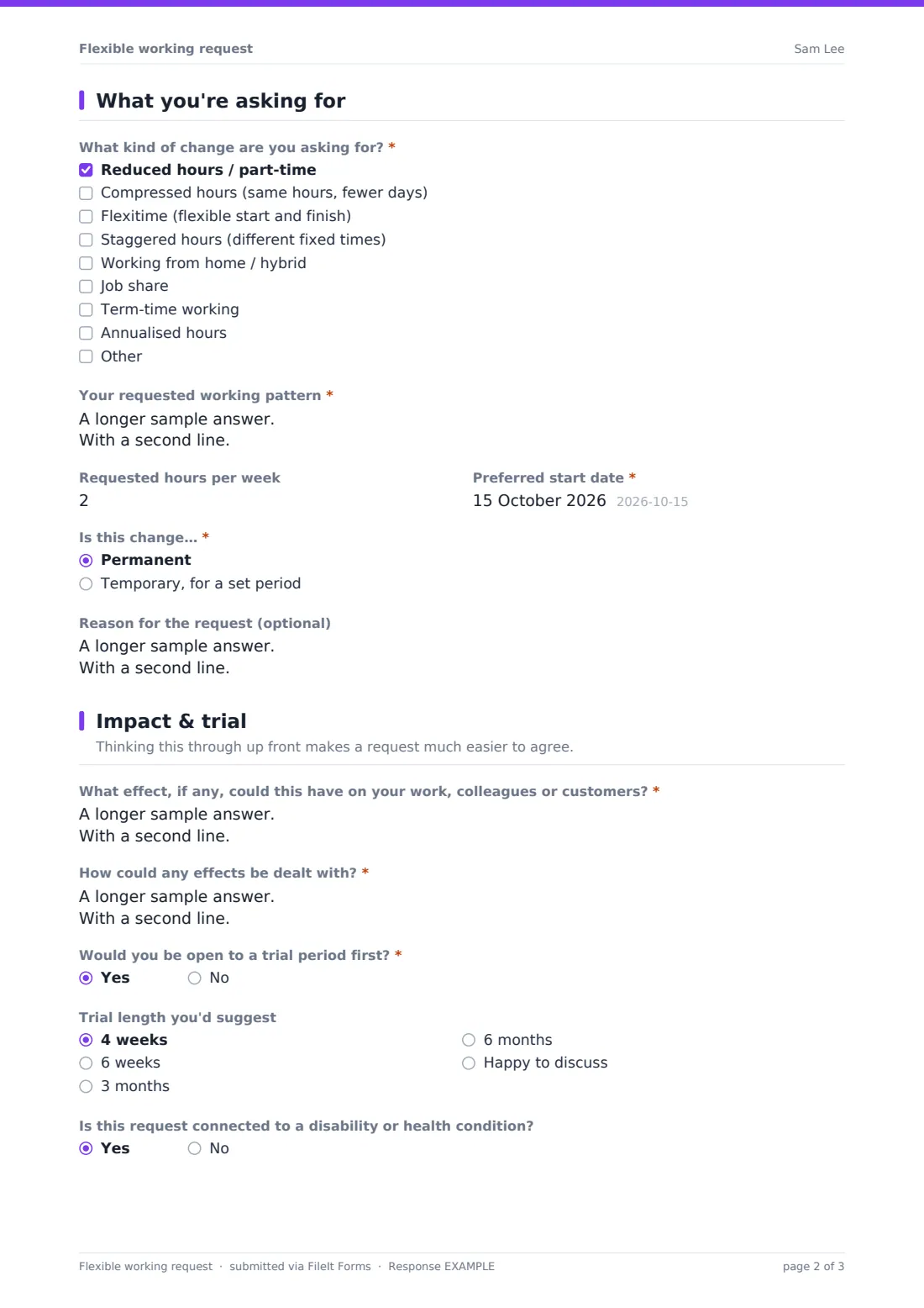 Flexible working request — example response PDF, page 2 of 3