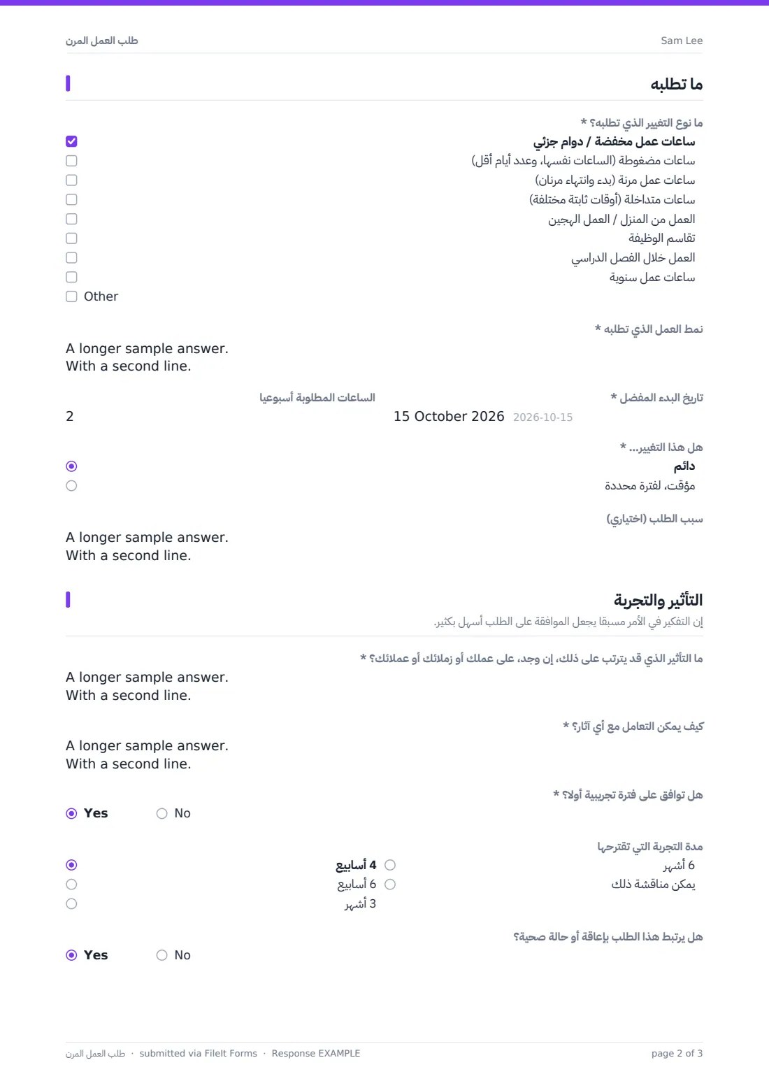 طلب العمل المرن — ملف PDF لرد نموذجي، الصفحة 2 من 3