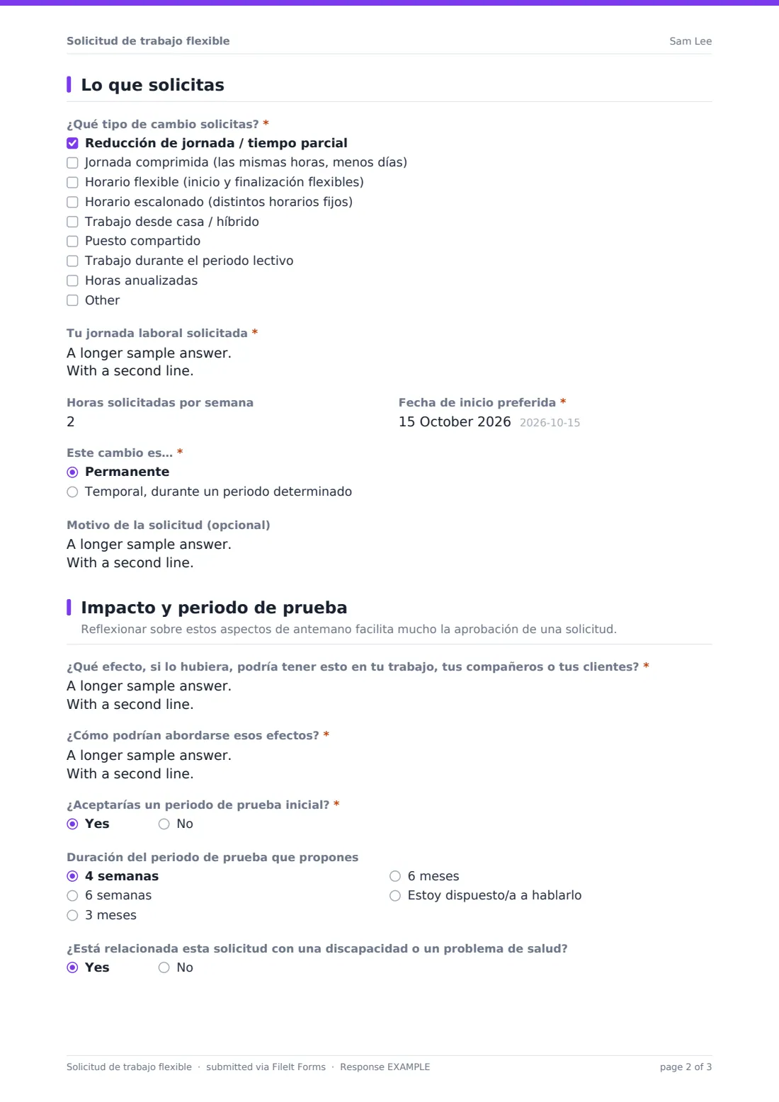 Solicitud de trabajo flexible — PDF de respuesta de ejemplo, página 2 de 3