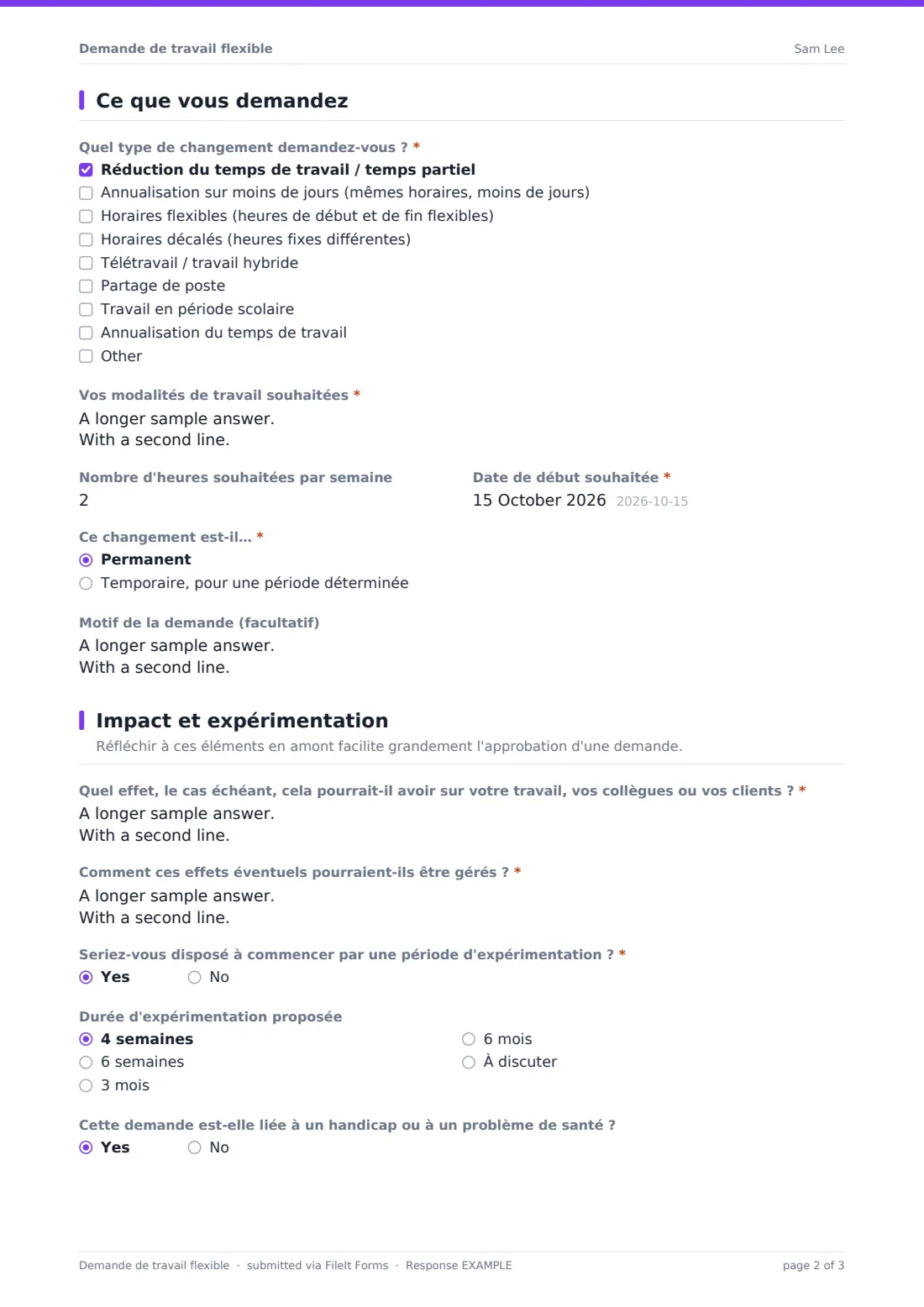 Demande de travail flexible — exemple de réponse au format PDF, page 2 sur 3
