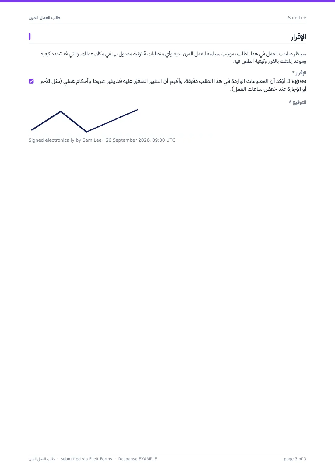 طلب العمل المرن — ملف PDF لرد نموذجي، الصفحة 3 من 3