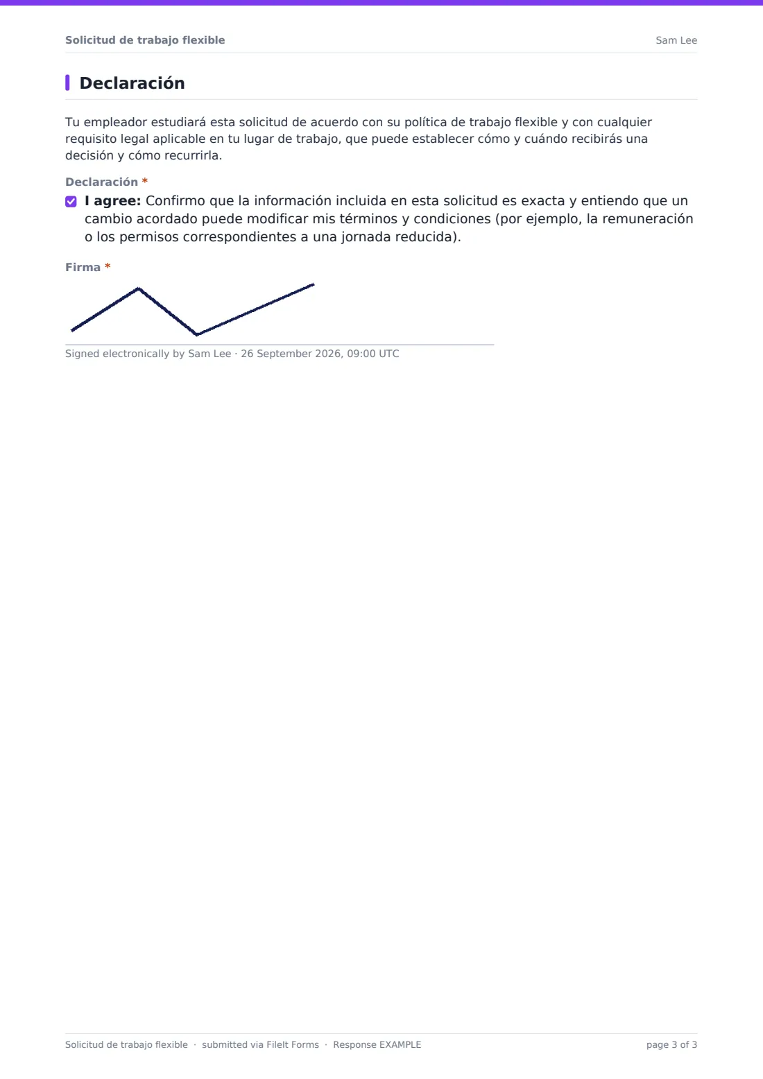 Solicitud de trabajo flexible — PDF de respuesta de ejemplo, página 3 de 3
