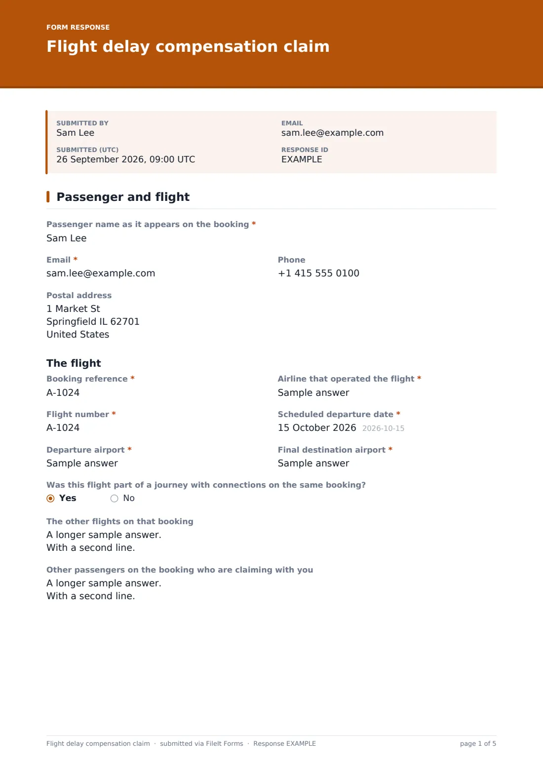Flight delay compensation claim — example response PDF, page 1 of 5