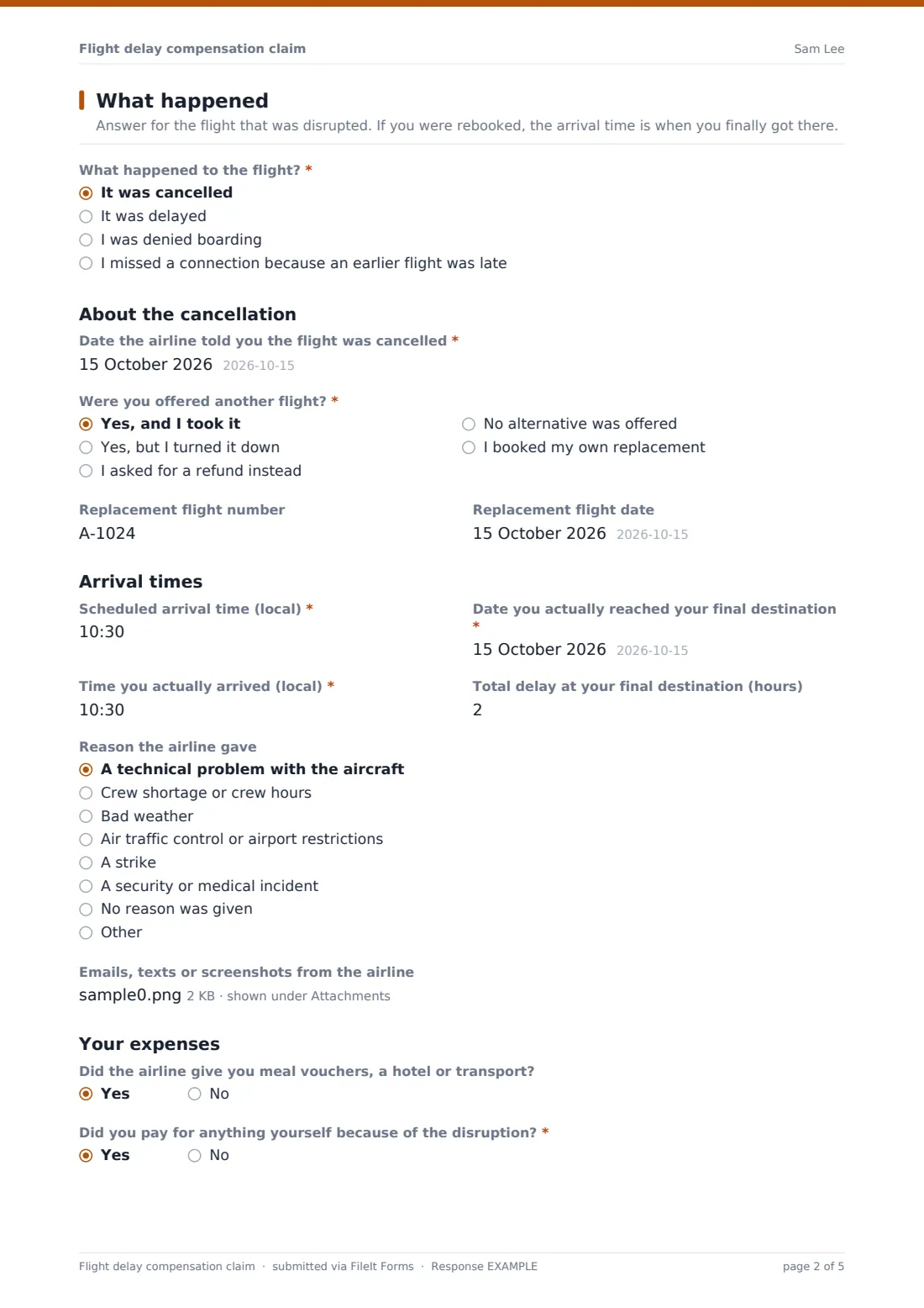 Flight delay compensation claim — example response PDF, page 2 of 5