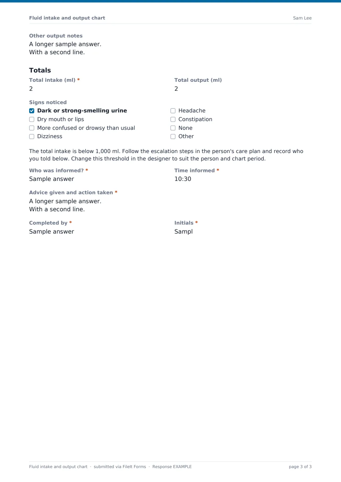 Fluid intake and output chart — example response PDF, page 3 of 3